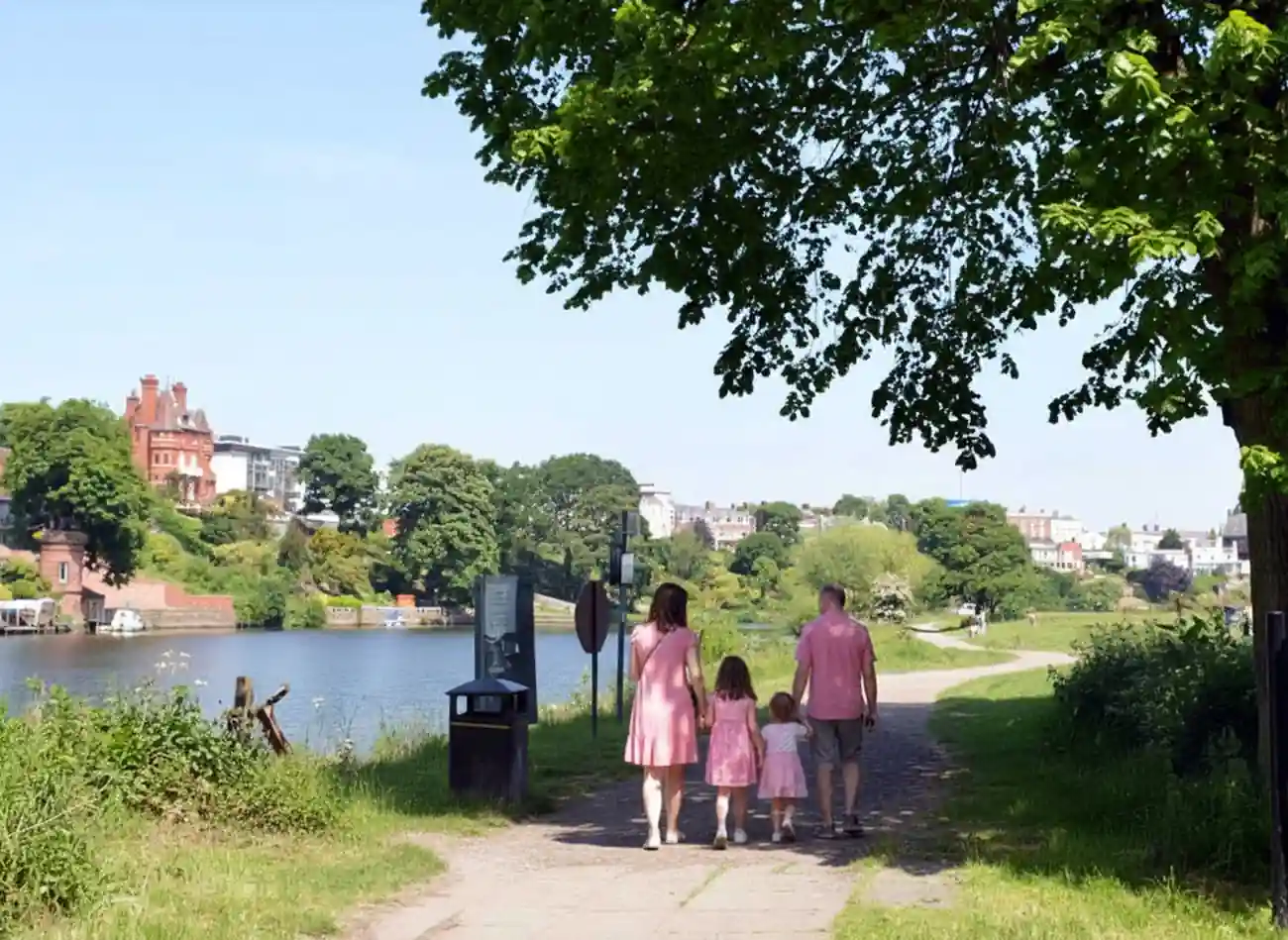 Summer view across the River Dee and The Meadows in Chester