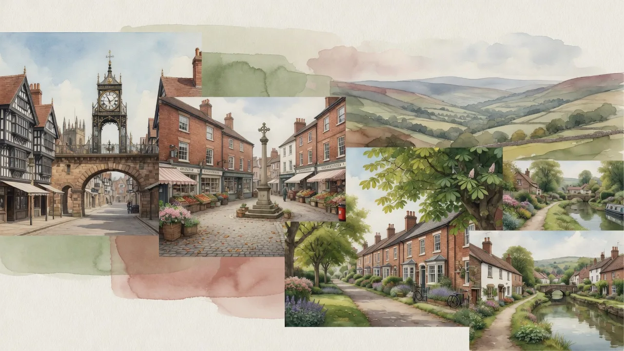 Watercolour collage of Cheshire places to live: Chester Eastgate Clock, market town square, leafy residential streets, countryside hills and canal-side cottages