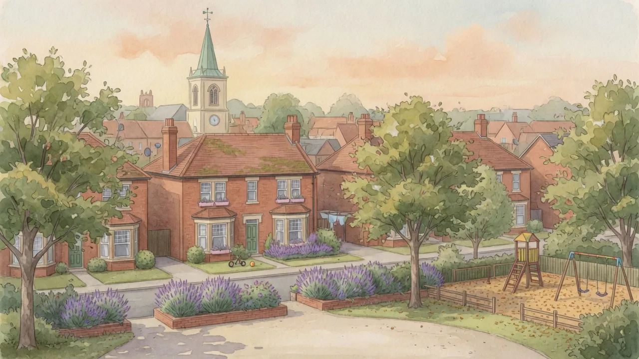 Watercolour of a leafy Cheshire family neighbourhood with red-brick homes, lavender gardens, a playground and a market-town church spire