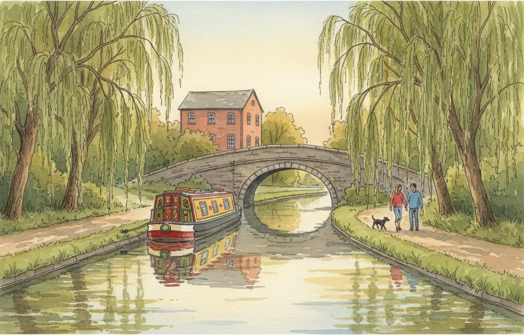 Watercolour illustration of the Shropshire Union Canal at Christleton with a narrowboat, stone bridge, willow trees, and towpath walkers