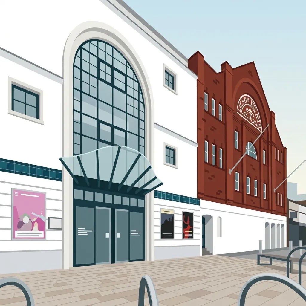 Illustrated front view of the historic red-brick Edwardian facade of the Lyceum Theatre in Crewe.