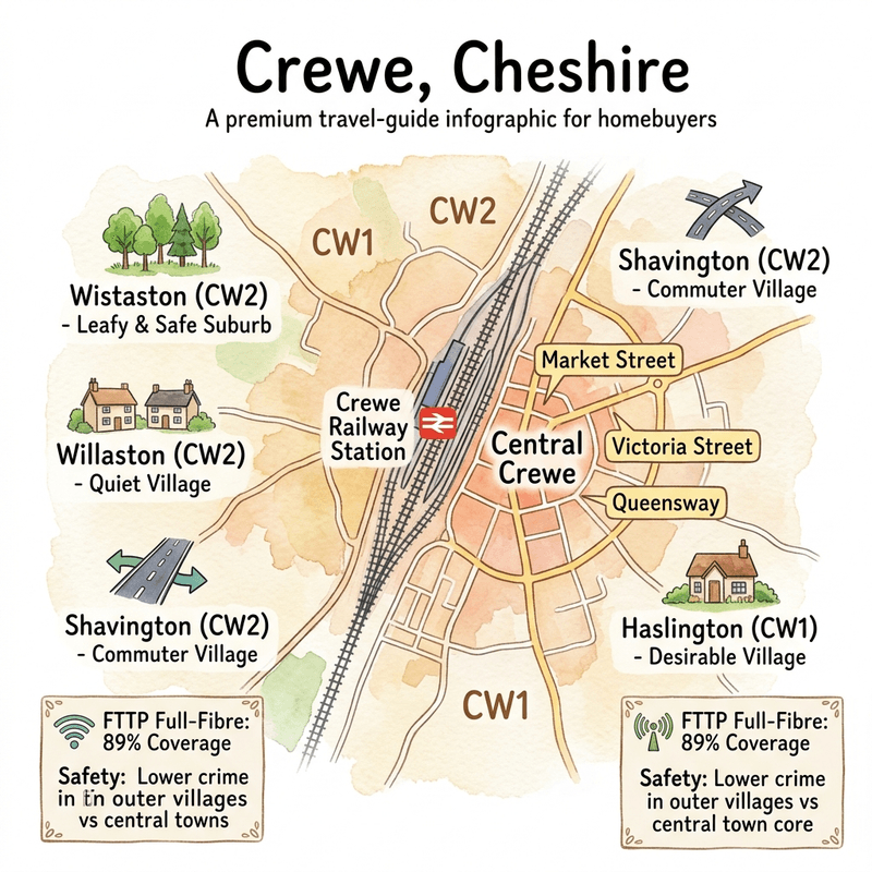 Watercolour map illustration of Crewe showing the postcode sectors CW1 and CW2, railway station, and highlighting safety and broadband metrics