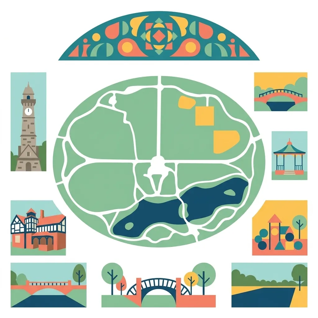 Illustrated layout map of Queens Park in Crewe showing the lake, pathways, lawns and the perimeter Queen's Park Drive.
