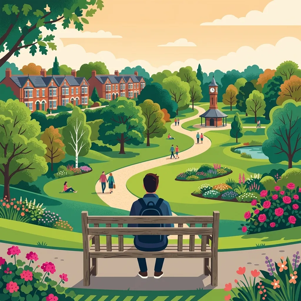 Illustrated view across Queens Park in Crewe toward the surrounding Victorian residential streets.