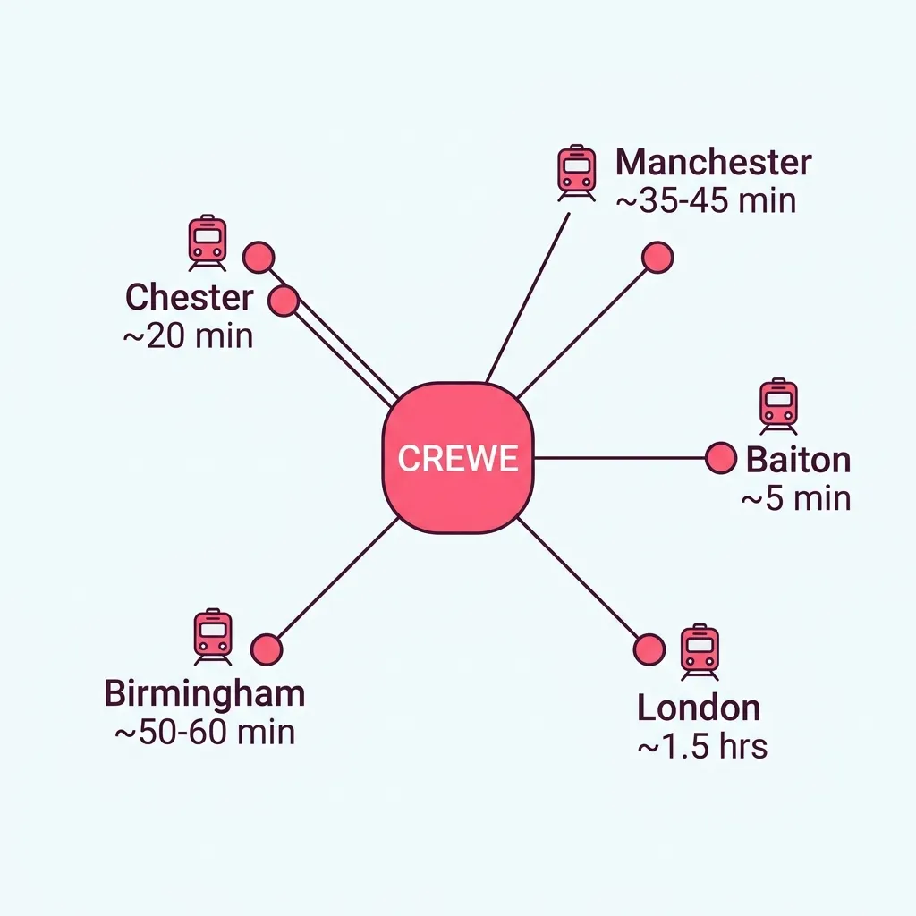 Diagram of rail connections from Crewe showing Chester about 20 minutes, Manchester around 35 to 45 minutes, London