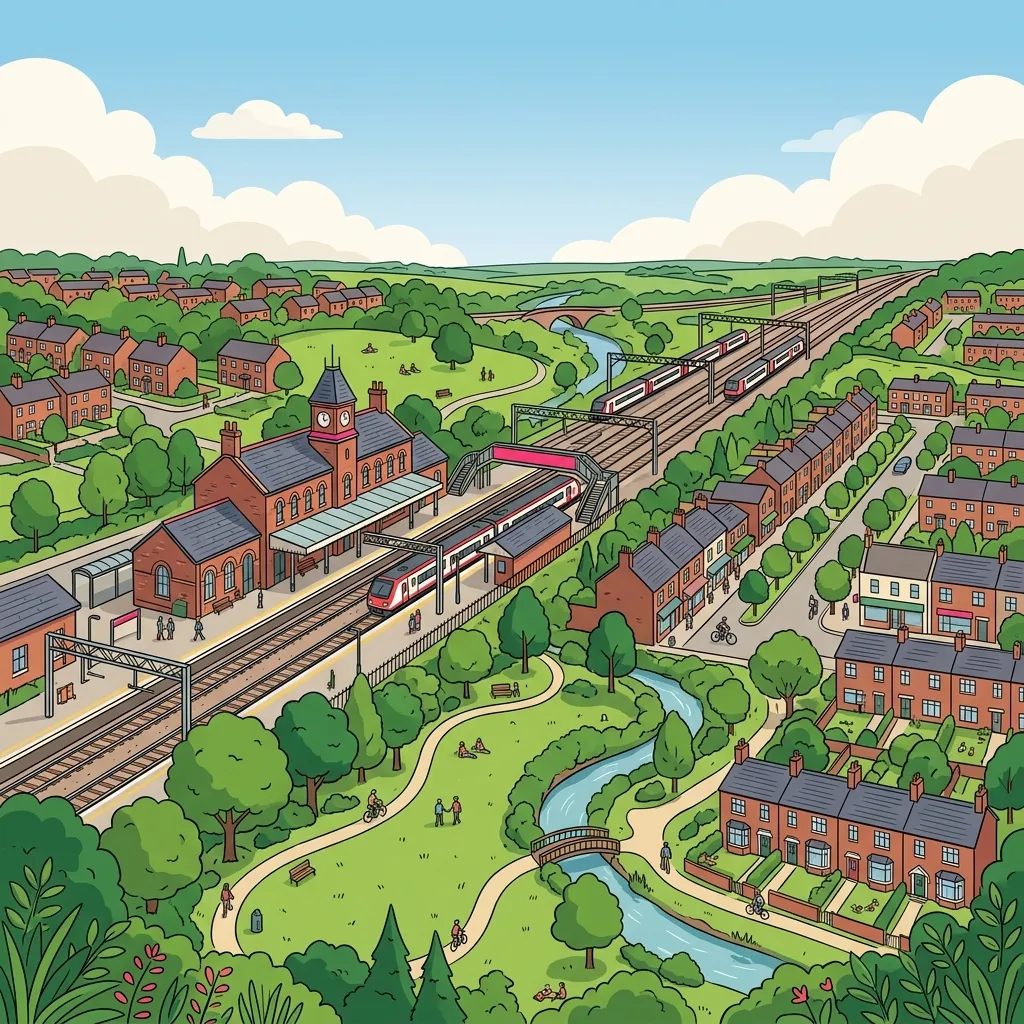 Illustrated view of Crewe as a Cheshire railway town, showing a classic West Coast Main Line station and surrounding