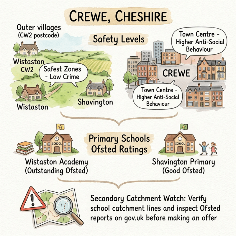 Watercolour infographic showing safety and school metrics in Crewe, including CW1/CW2 crime rates and primary school ratings