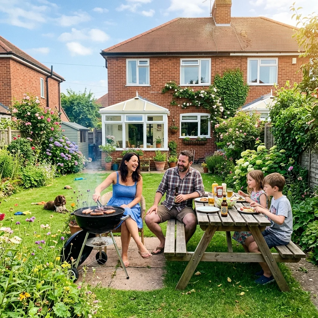 A family relaxing and enjoying a summer barbecue in a spacious brick home garden in Crewe, Cheshire.