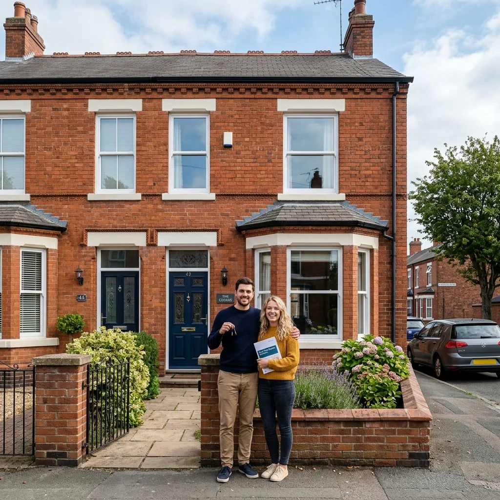 A young first-time buyer couple standing in front of a typical red-brick Victorian semi-detached house in Crewe, Cheshire.