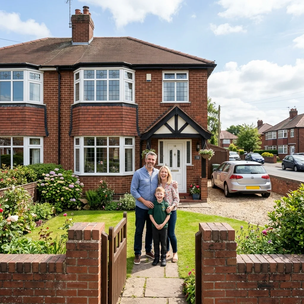 A typical relocating family standing in front of a red-brick semi-detached family house in Crewe, Cheshire.