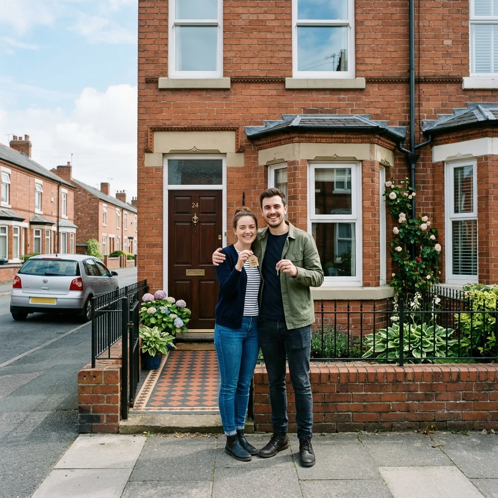 A young first-time buyer couple smiling happily in front of their new red-brick terraced home in Crewe, Cheshire.