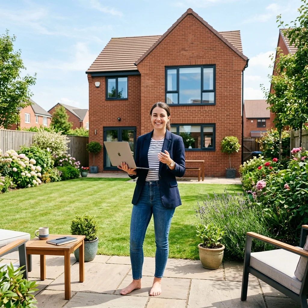 A typical remote mover smiling in front of a spacious family home in a residential area of Crewe, Cheshire.