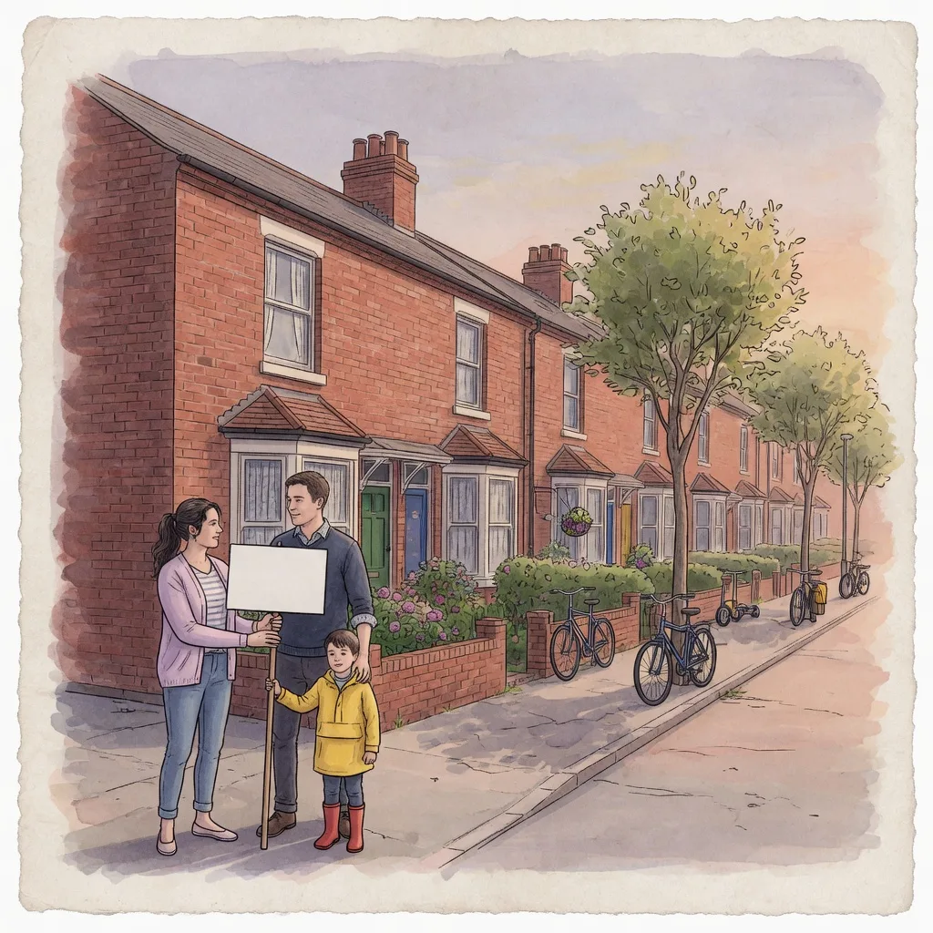 Watercolour illustration of a family holding a blank sold sign outside a row of red-brick terraces in Ellesmere Port