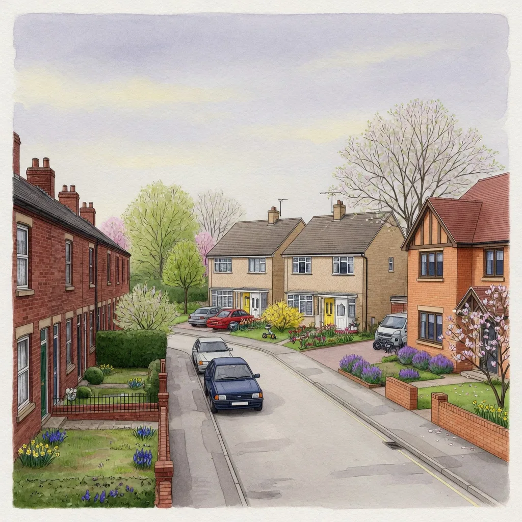 Watercolour street view of typical Ellesmere Port housing: older red-brick terraces, beige semis and a newer detached house