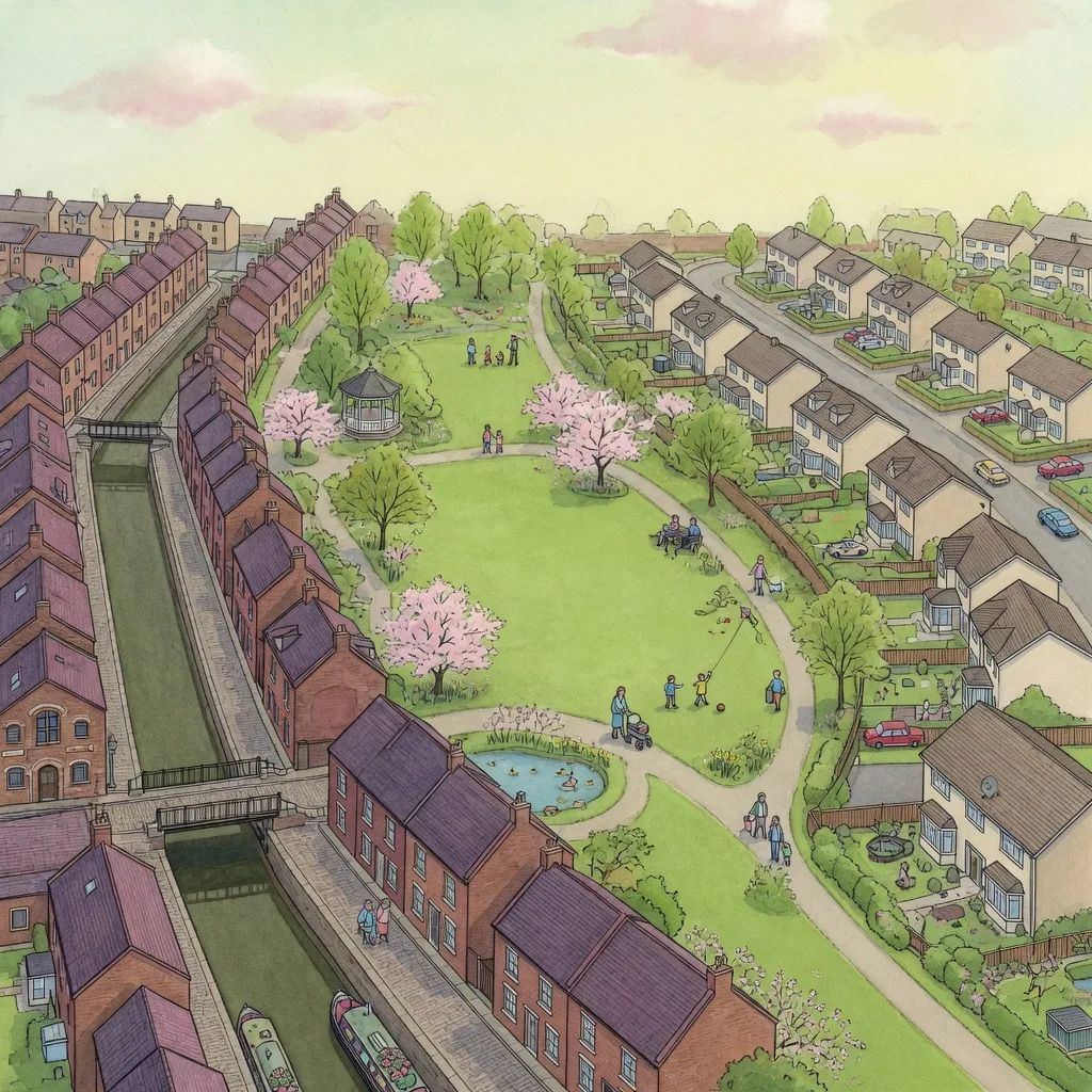 Watercolour aerial view of Ellesmere Port neighbourhoods: canal-side brick streets, a central park and newer suburban estates