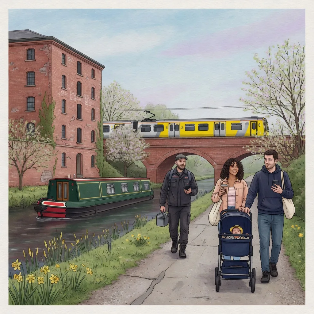 Watercolour illustration of first-time buyers and a commuter on the Ellesmere Port canal towpath with a yellow-and-silver train crossing a brick viaduct
