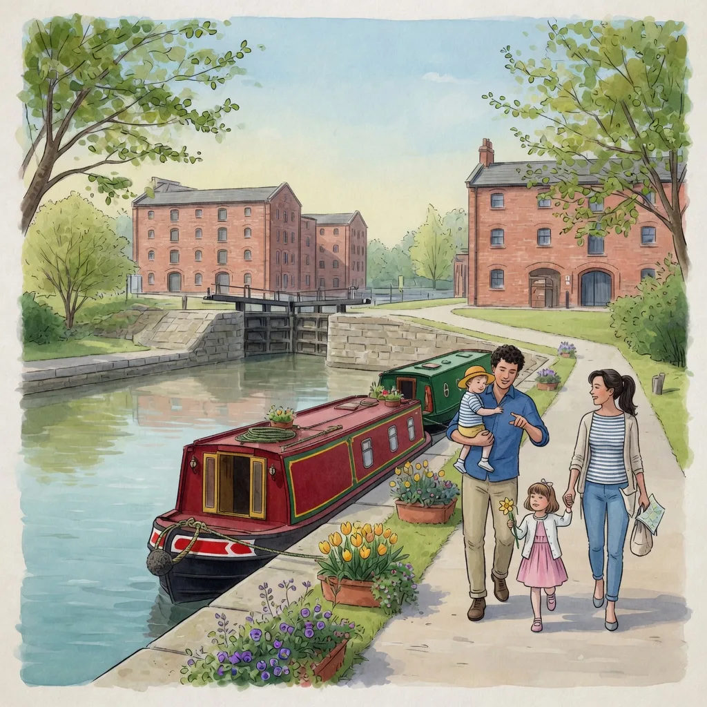 Watercolour illustration of a family walking the Ellesmere Port canal towpath beside a narrowboat, lock gates and red-brick dock warehouses