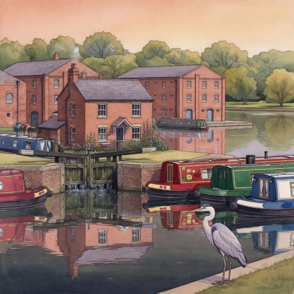 Watercolour illustration of the Ellesmere Port historic docks with lock gates, a lock-keeper cottage, moored narrowboats and a heron