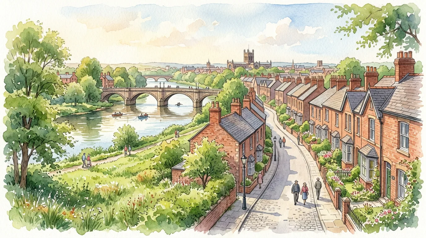 Watercolour illustration of Handbridge Chester showing Victorian terraces, River Dee, Old Dee Bridge and riverside meadows