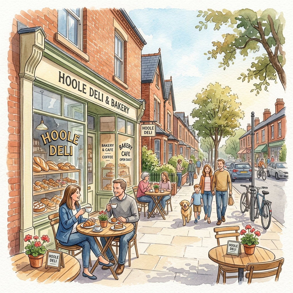 Watercolour illustration of a cozy cafe street scene showing people enjoying coffee outdoors, representing the daily life and village atmosphere in Hoole, Chester