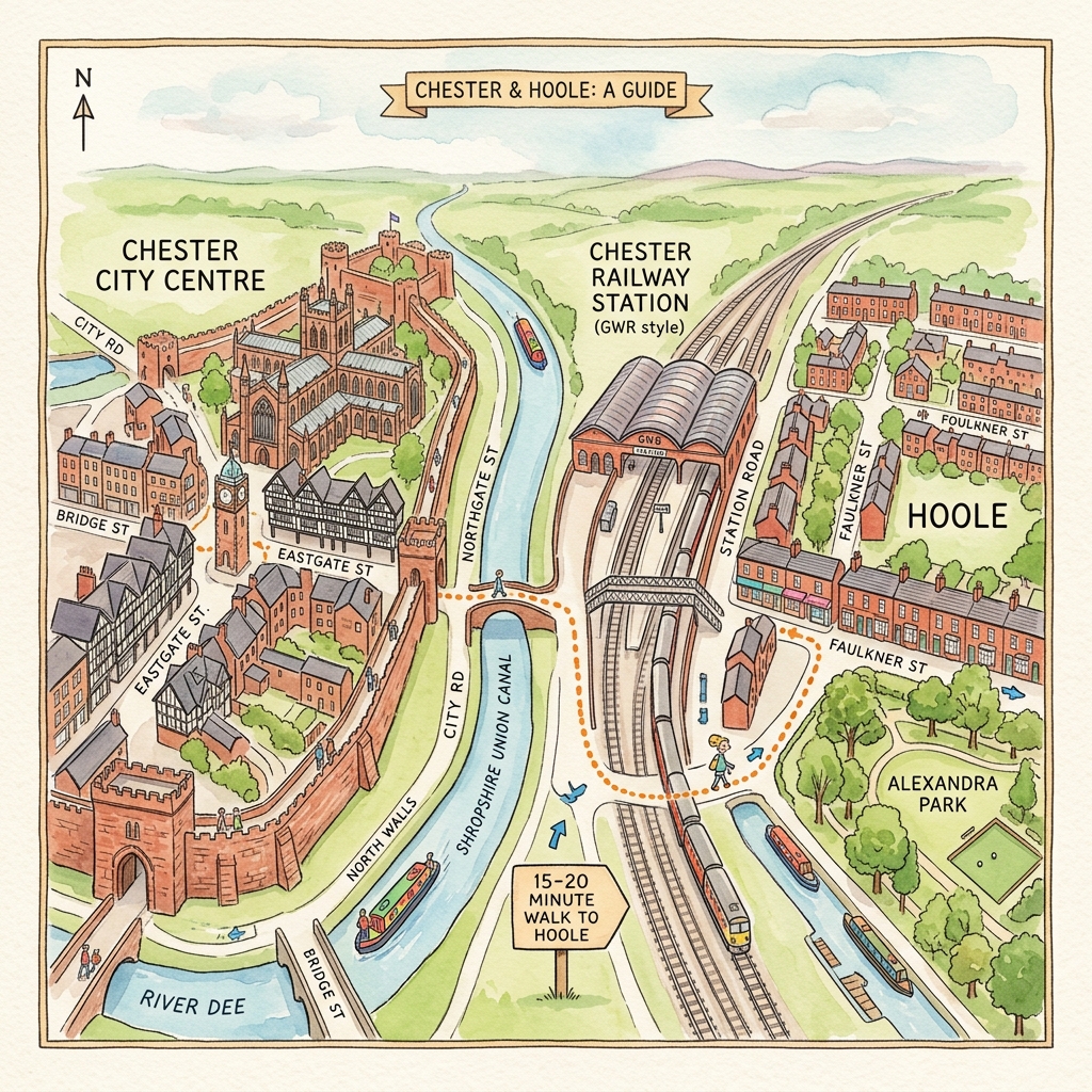 Watercolour map illustration of Chester showing the City Centre, Railway Station, and the suburb of Hoole connected by walking trails