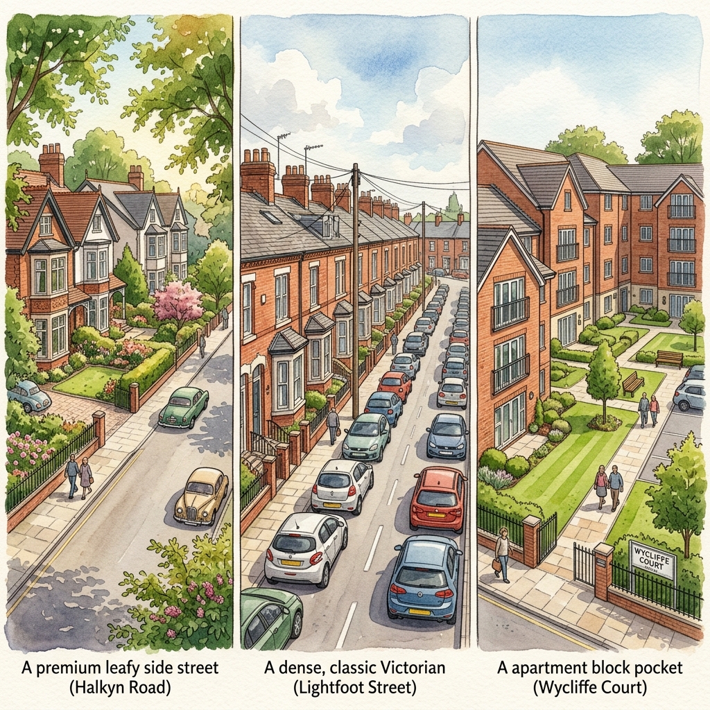 Watercolour illustration showing three panels side-by-side representing Halkyn Road (leafy semis), Lightfoot Street (Victorian terraces), and Wycliffe Court (apartment blocks) in Hoole, Chester