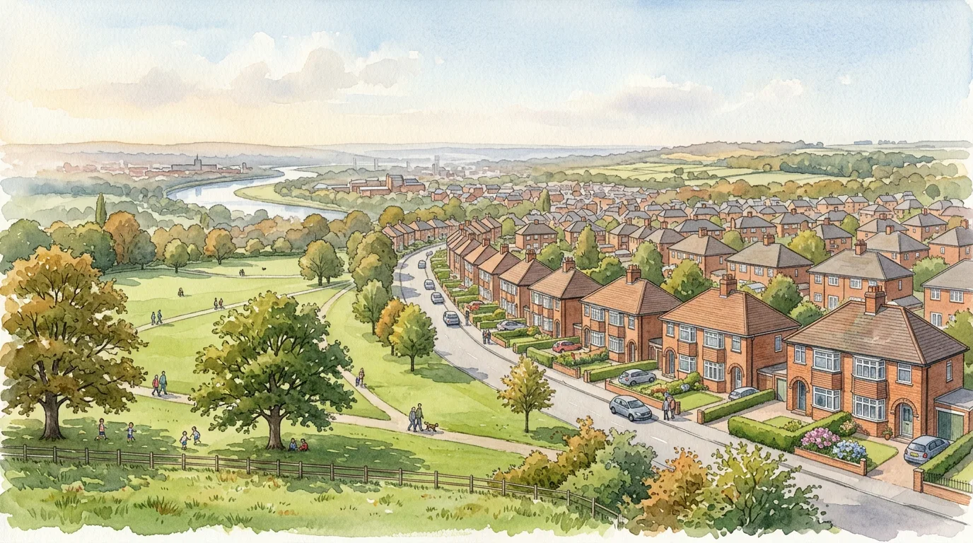 Lache, Chester area illustration showing 1950s residential streets, Lache Park, and the River Dee