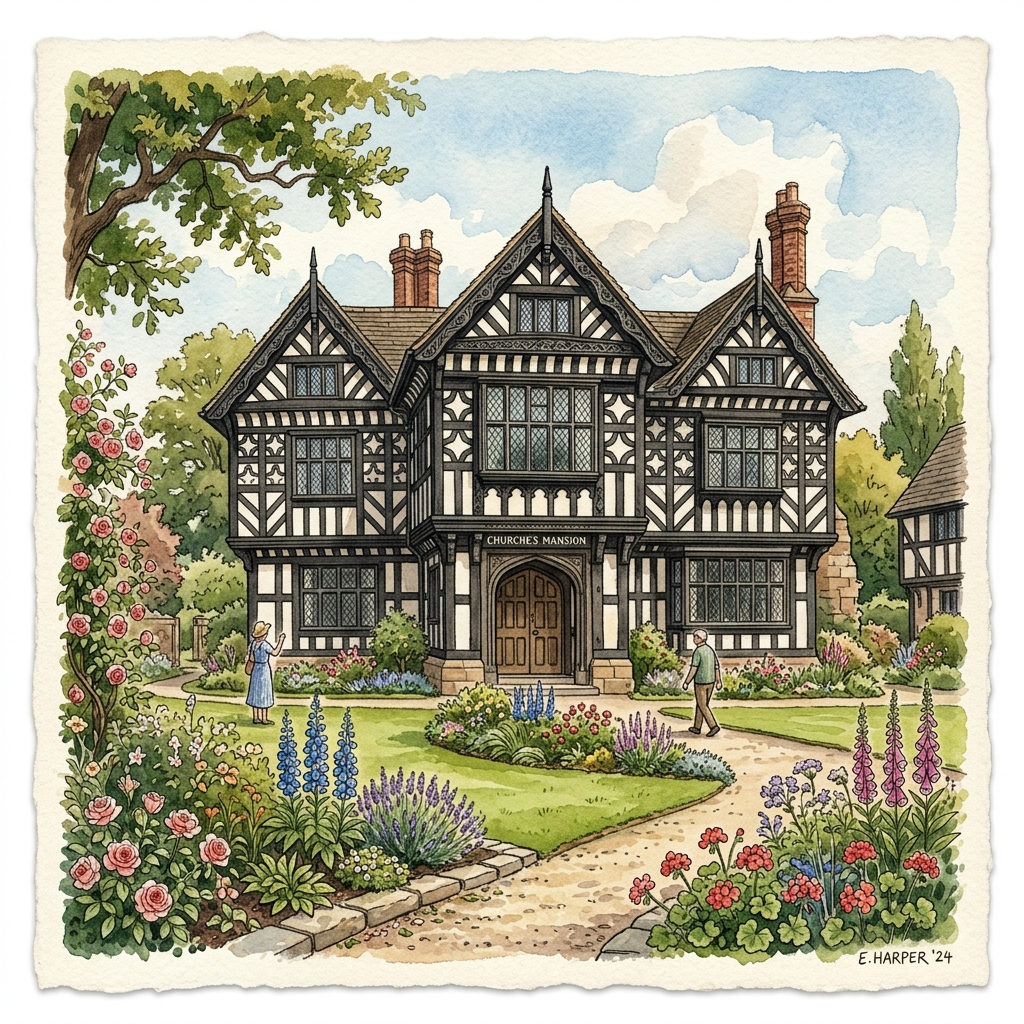 Watercolour illustration of a historic Elizabethan timber-framed building in Nantwich
