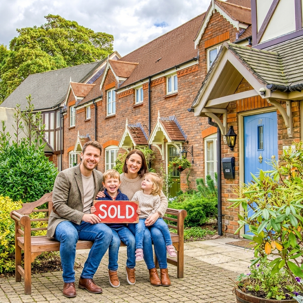 A family on a bench holding a sold sign outside brick cottages in Nantwich, Cheshire