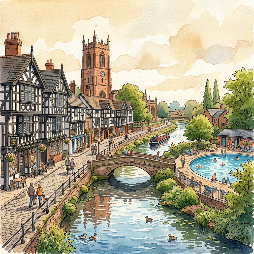 Watercolour illustration of the River Weaver loop and the Nantwich outdoor brine pool