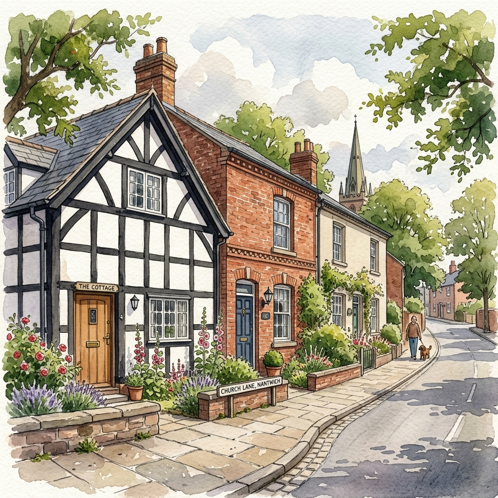 Watercolour row of typical Nantwich homes, timber-framed and brick cottages, showing housing value by type