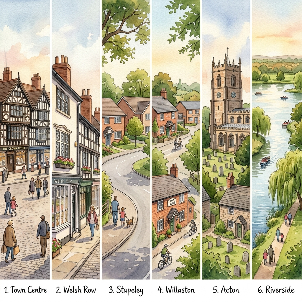 Six watercolour panels showing the character of named Nantwich neighbourhoods