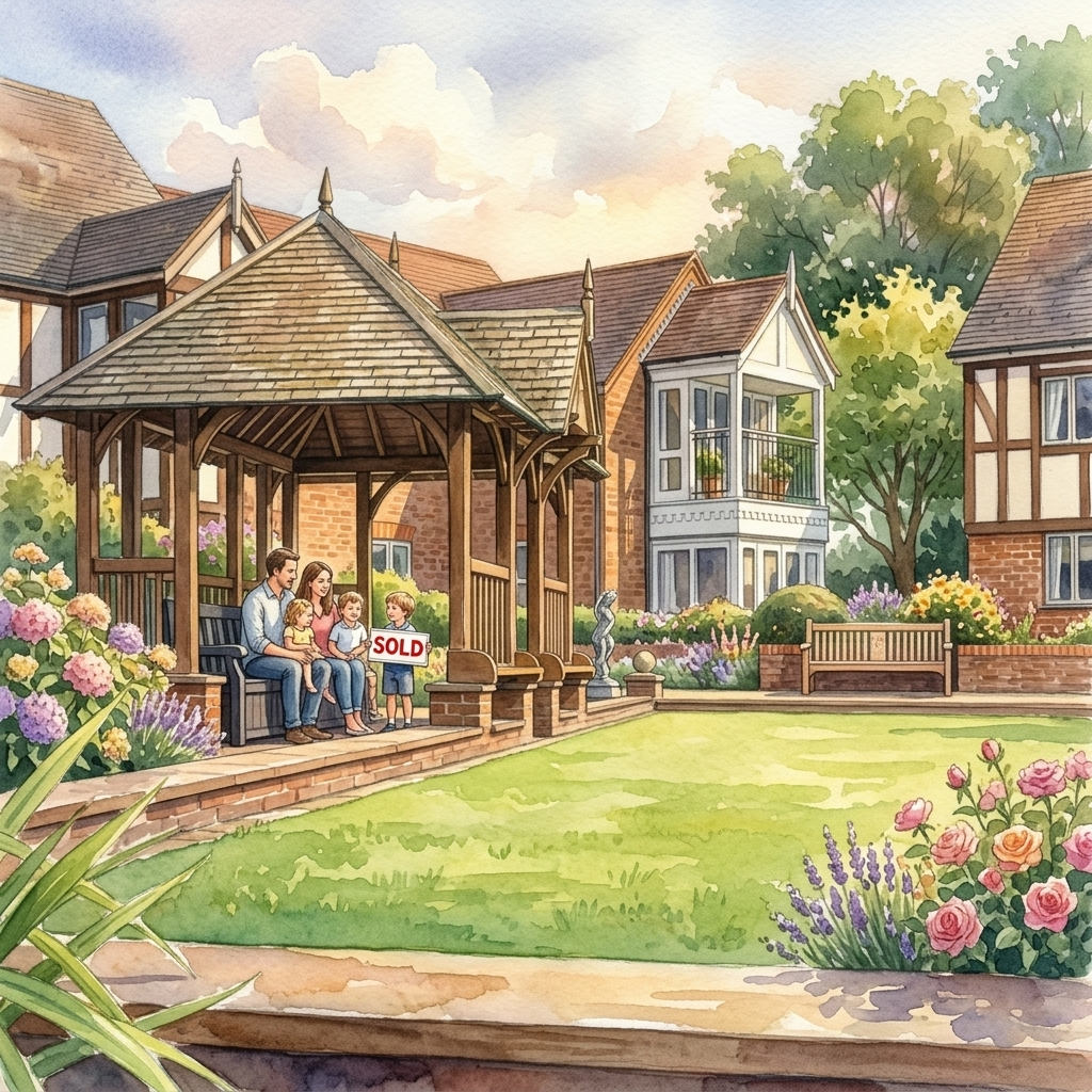 Watercolour illustration of a gazebo garden in Nantwich with a family on a bench holding a sold sign