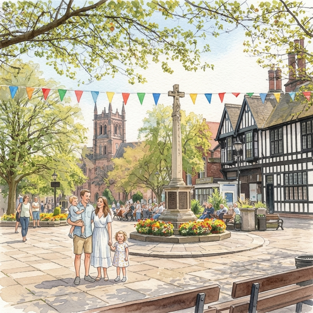 Watercolour illustration of Nantwich town square with its stone cross, St Mary's Church tower, timber-framed buildings, bunting and a young family
