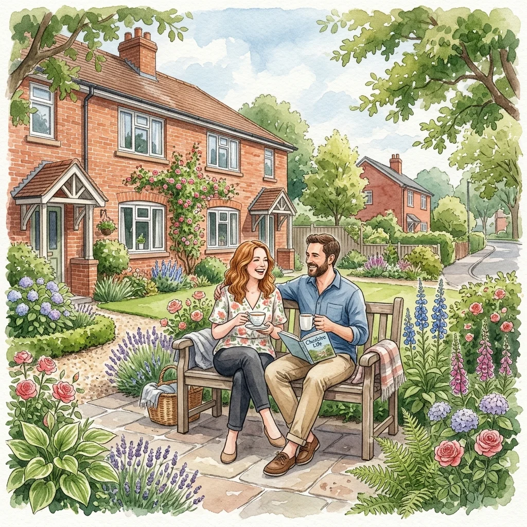 A couple relaxing in the garden of a red-brick semi-detached home on a leafy Northwich, Cheshire street
