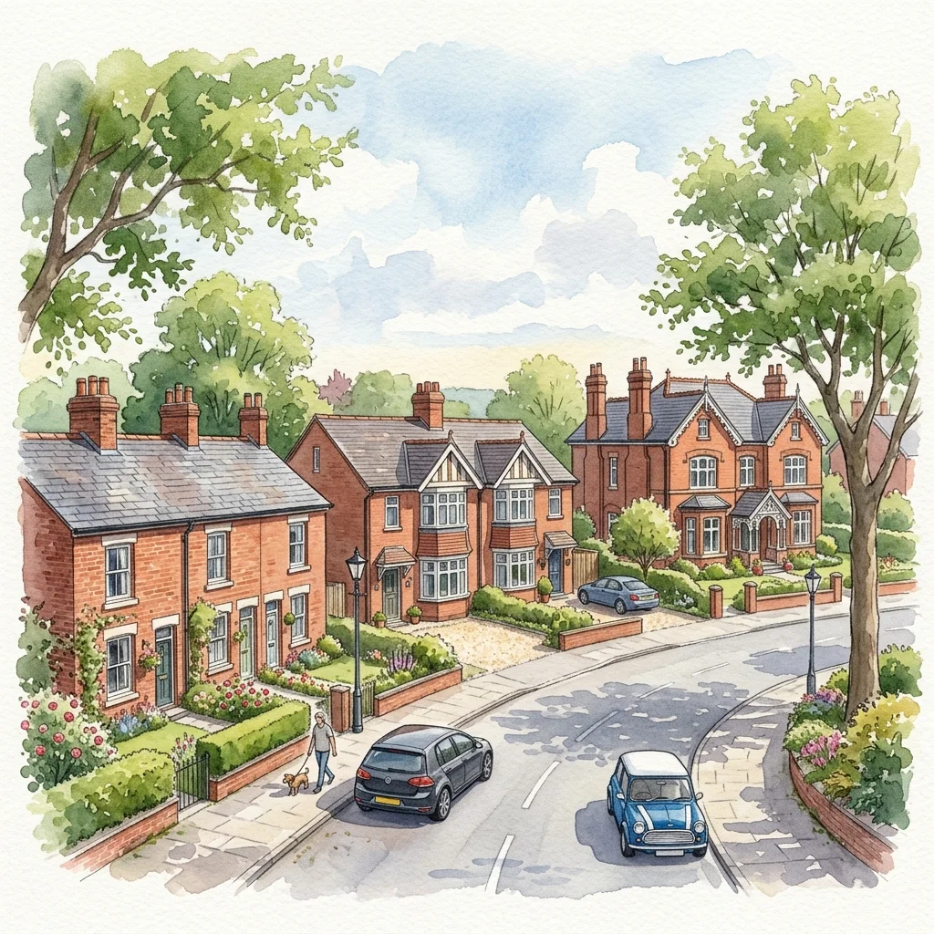 A row of red-brick terraced, semi-detached and detached homes on a Northwich, Cheshire street