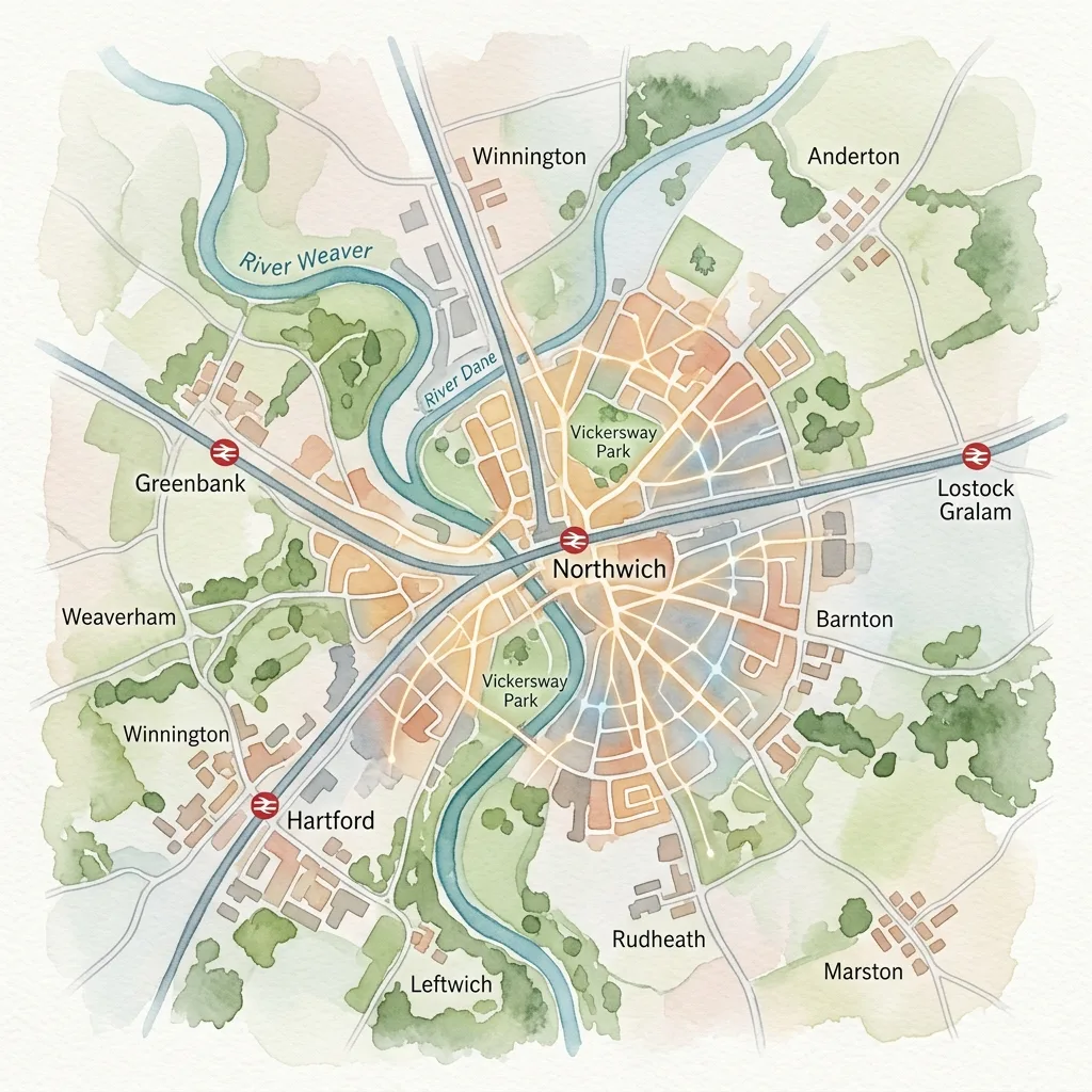 Stylised map of the Northwich area showing the River Weaver, rail lines and a full-fibre broadband network footprint