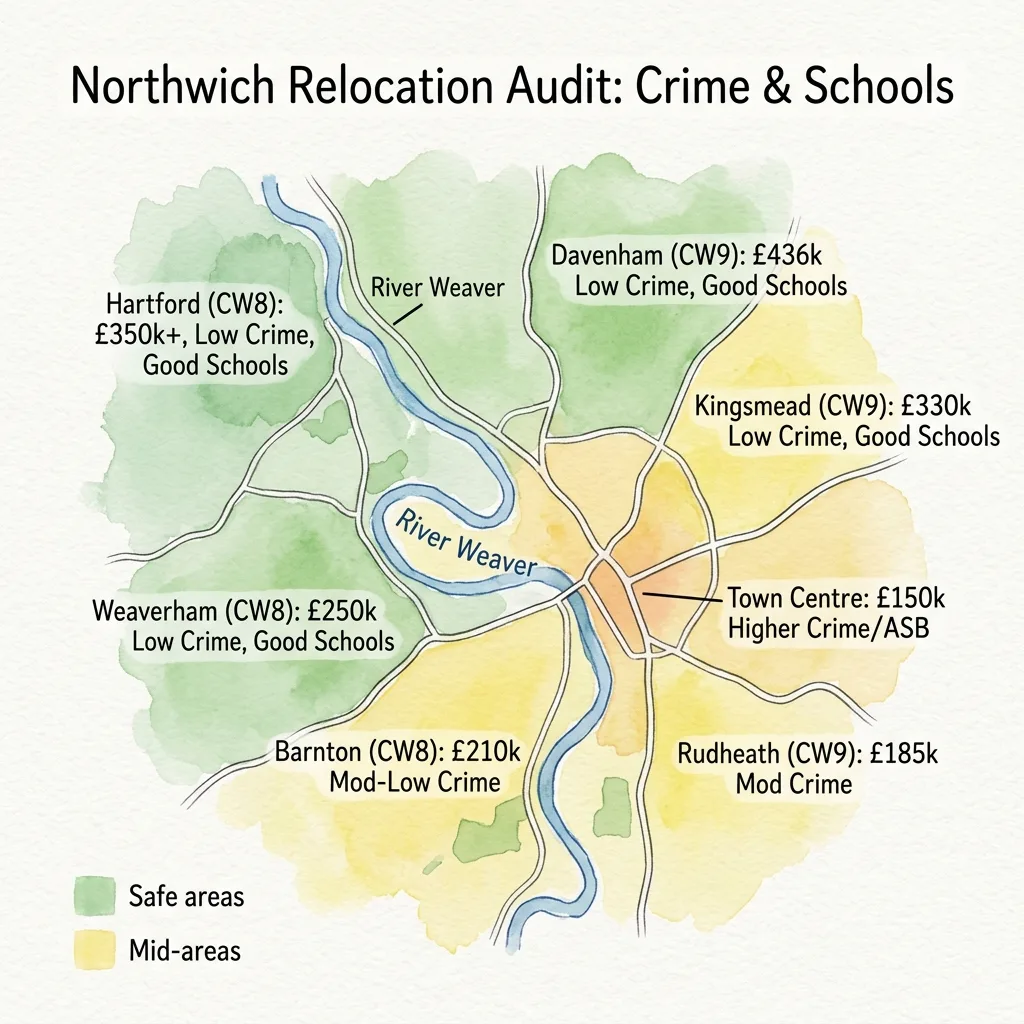 Watercolour map of Northwich colour-coded by safety and labelled with postcode property prices, schools and crime profiles