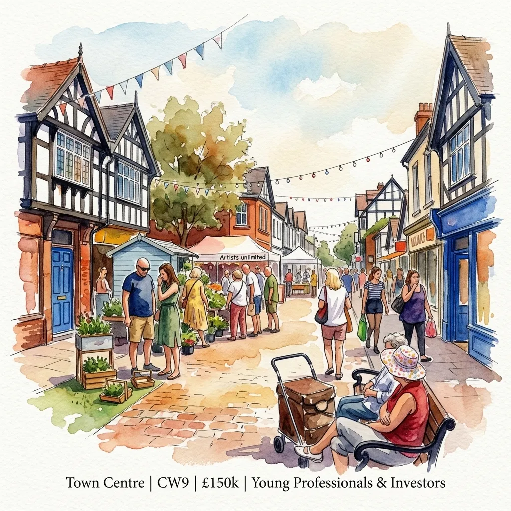 Watercolour illustration of Northwich town centre (CW9)