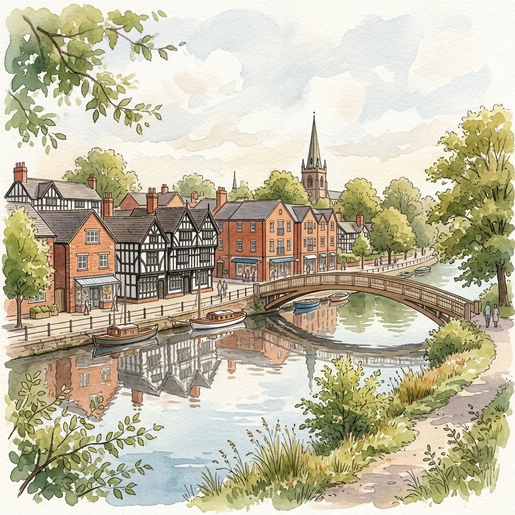 Watercolour illustration of Northwich, a central Cheshire town, across the River Weaver with Barons Quay and black-and-white timber buildings