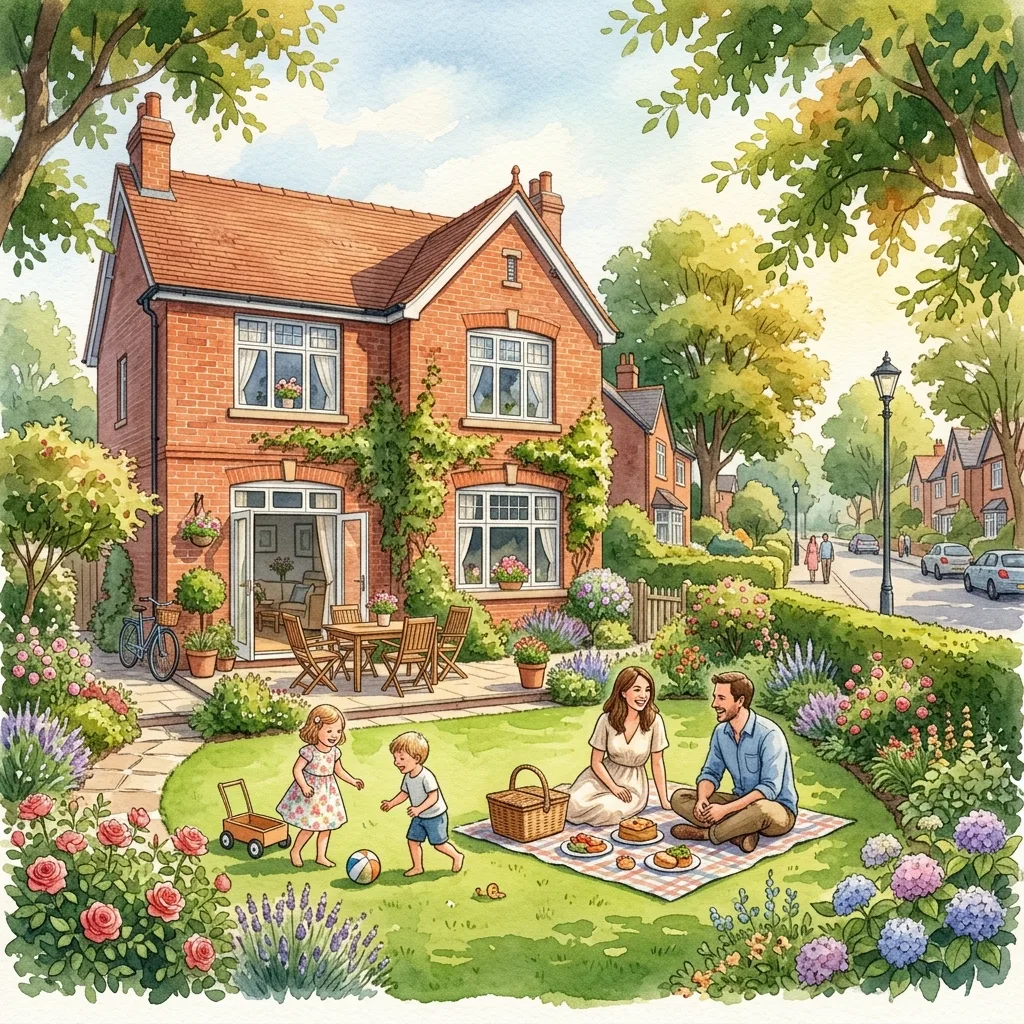 A family outside a premium red-brick home on a leafy Sandbach, Cheshire street