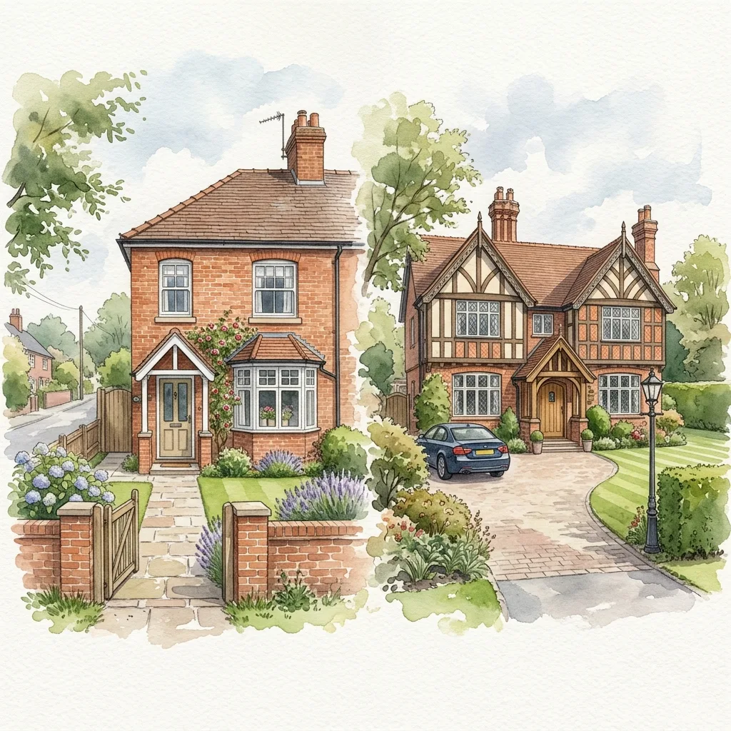 A semi-detached house beside a larger detached house illustrating Sandbach, Cheshire property value trade-offs