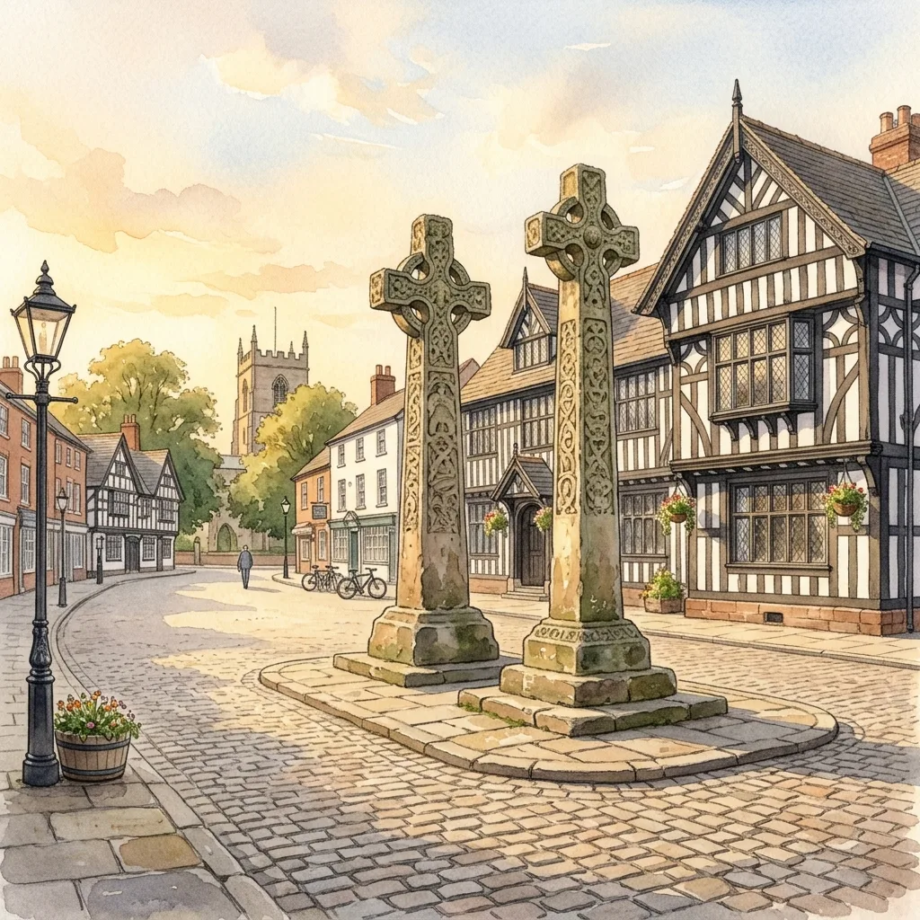 Illustration of the 9th-century Saxon Crosses and Old Hall Hotel in Sandbach's historic market square