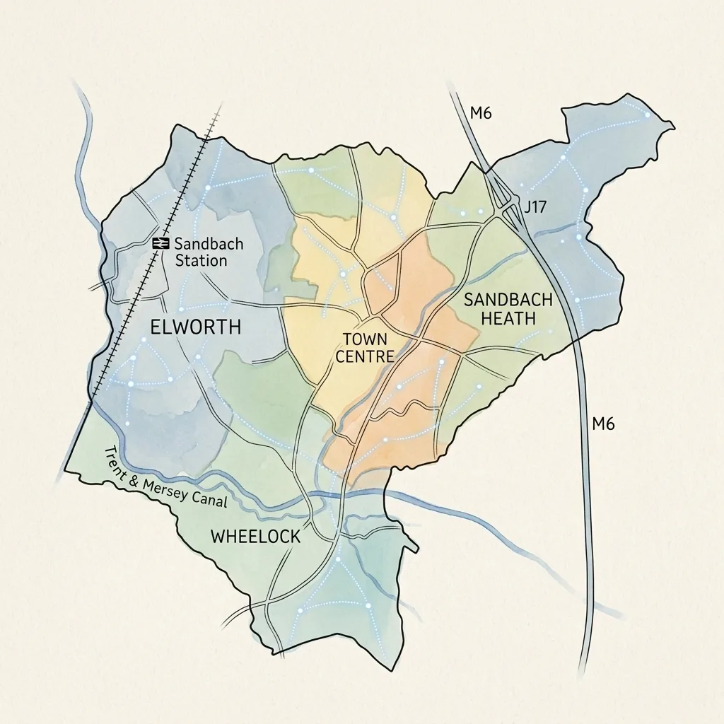 Stylised map of the Sandbach parish showing the railway station, M6 Junction 17 and broadband coverage across the CW11 area