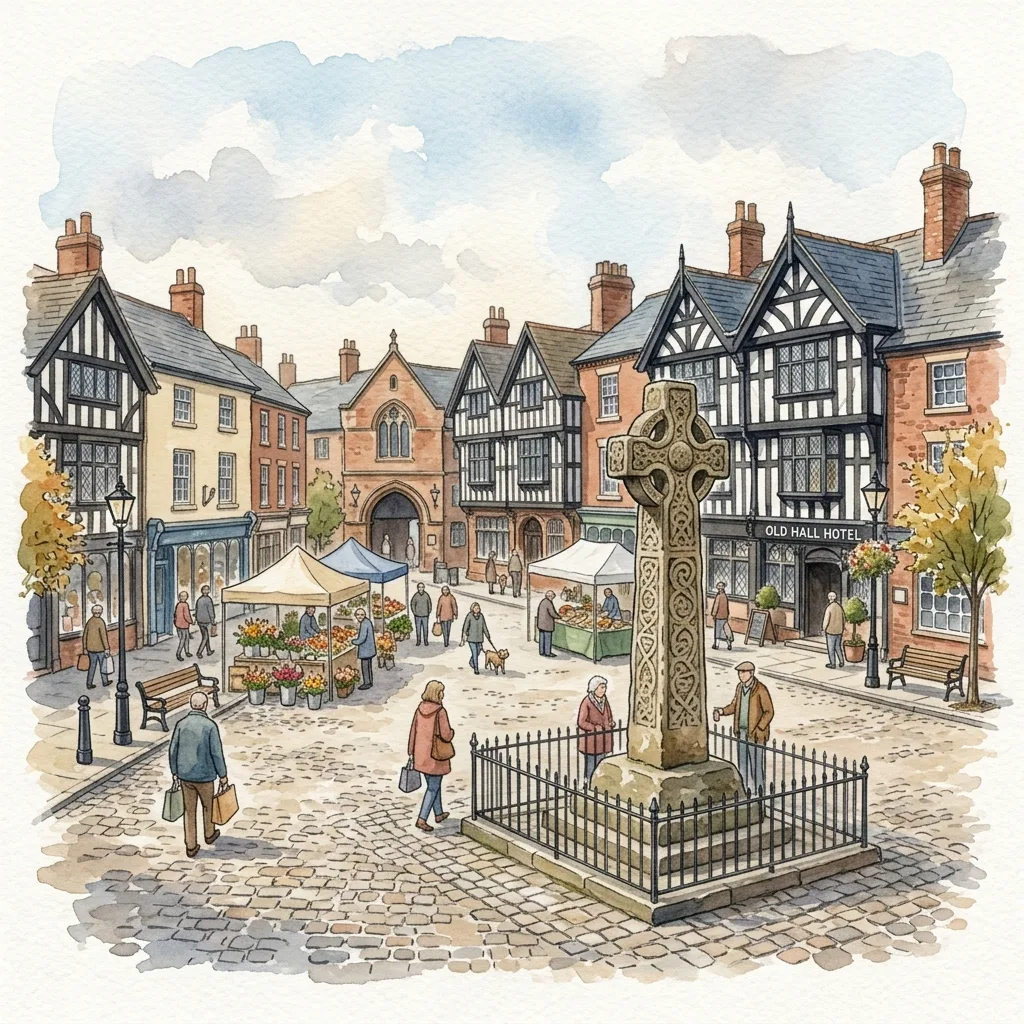 Watercolour illustration of Sandbach, a historic Cheshire market town, with its 9th-century Saxon Crosses and red-brick market square