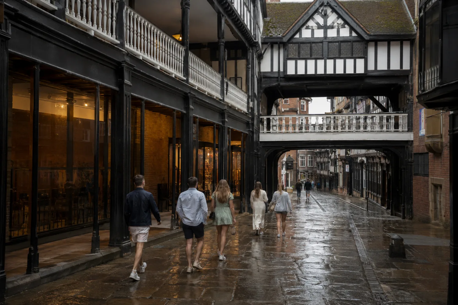 The Rows in Chester, covered Tudor walkways for a rainy summer day