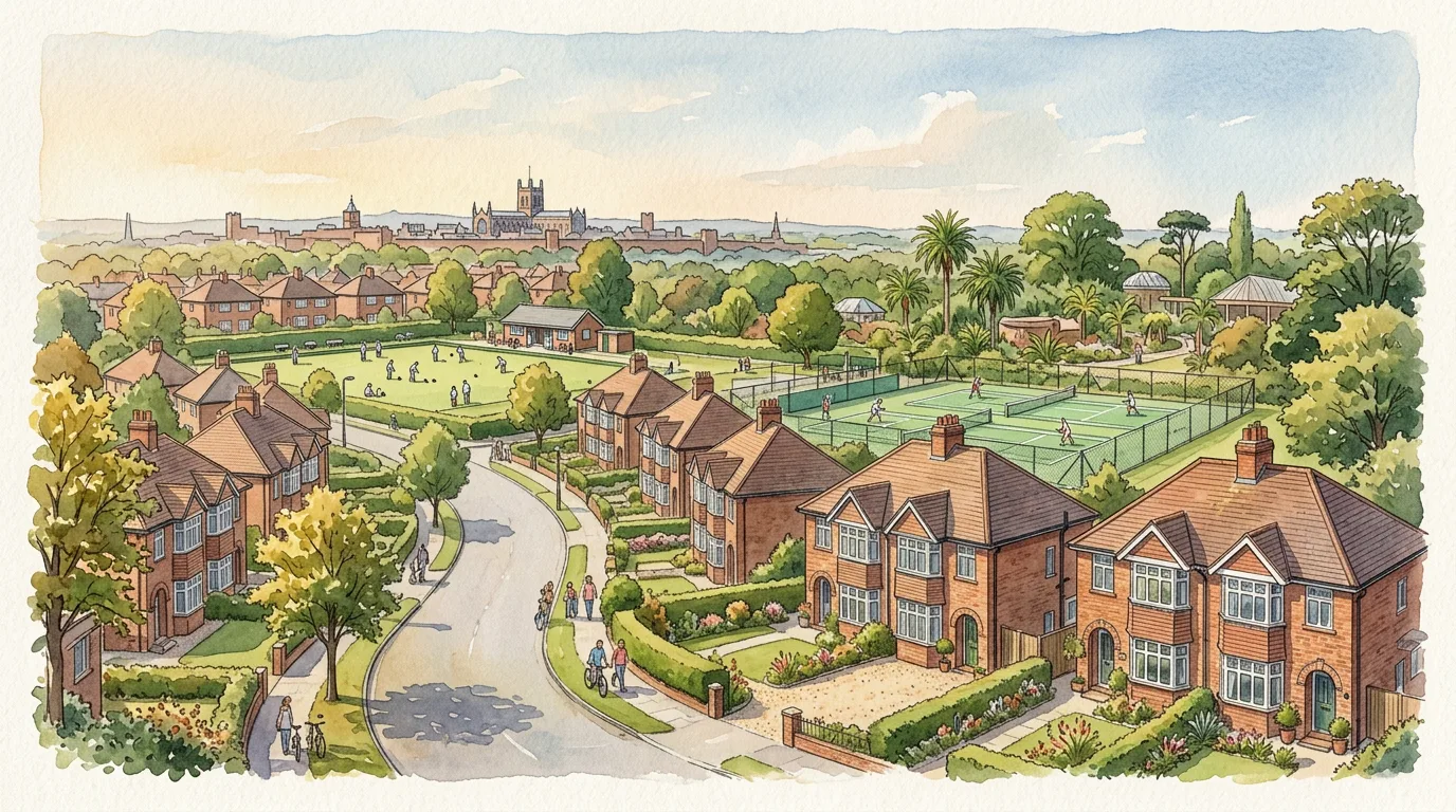 Watercolour illustration of Upton, Chester showing 1930s semi-detached houses with bay windows, Upton Pavilion tennis courts, and Chester Zoo in the background