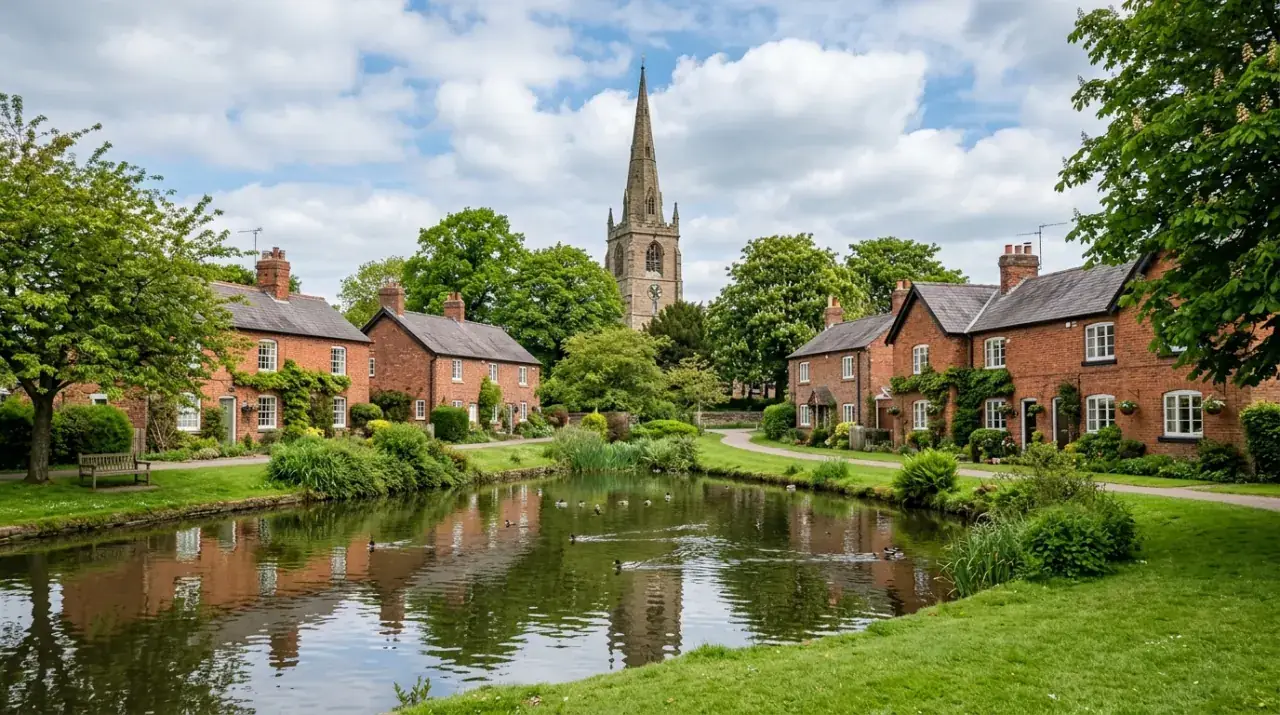 Christleton village near Chester with the duck pond and St James Church