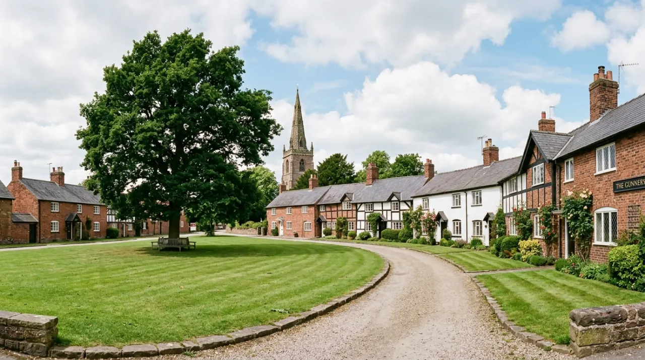 Eccleston village on the Grosvenor Estate near Chester with sandstone estate cottages