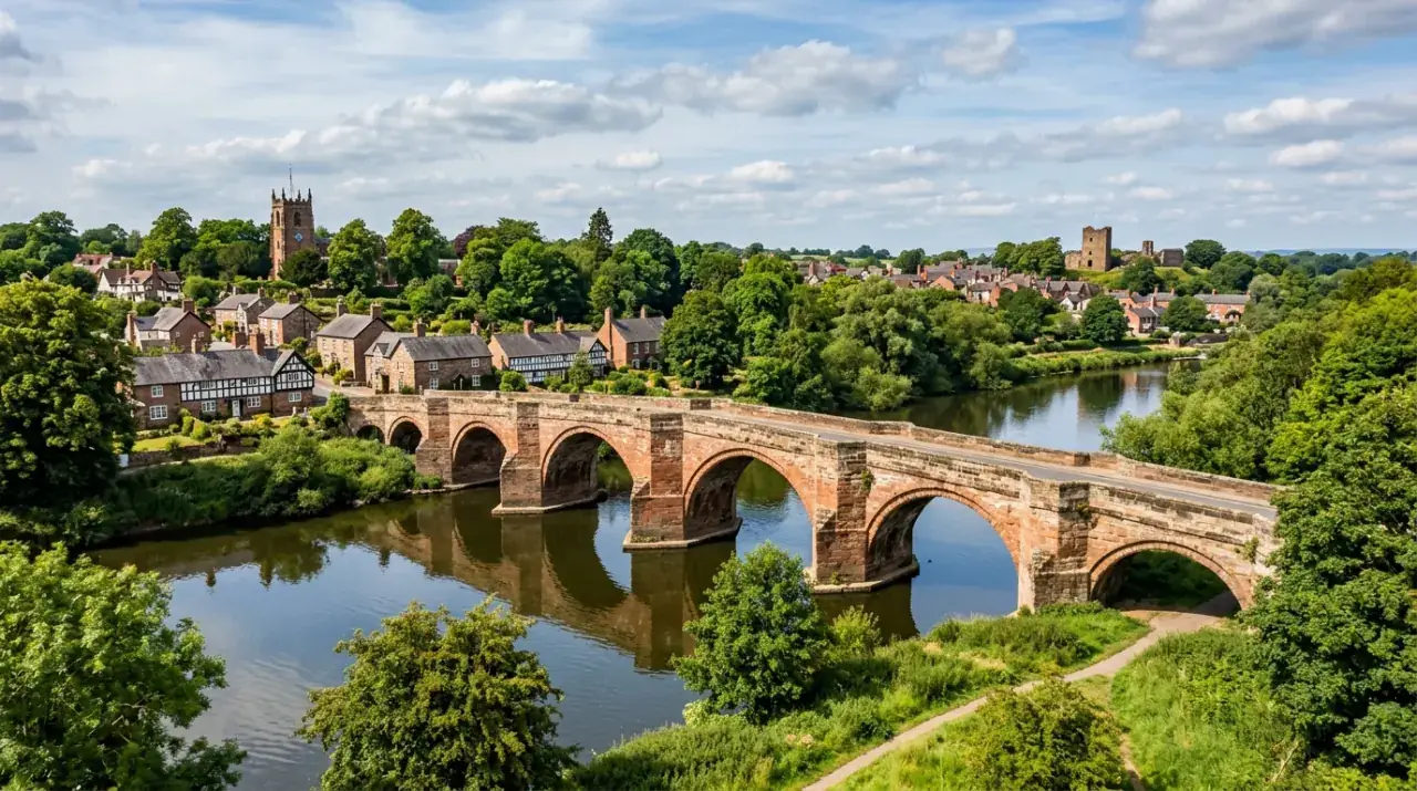 Medieval Farndon Bridge over the River Dee with riverside cottages